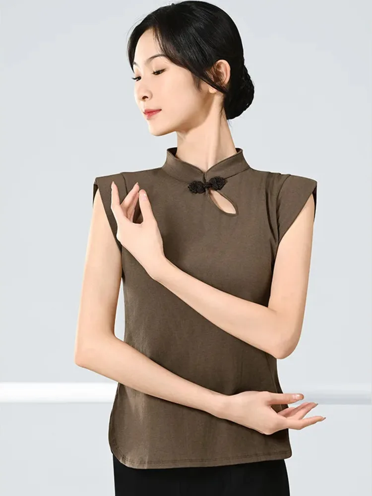 Solid Color Mandarin Collar Short Sleeve Slim Fit Dance Top for Women, Ballet Stage Practice Modern Performance Shirt