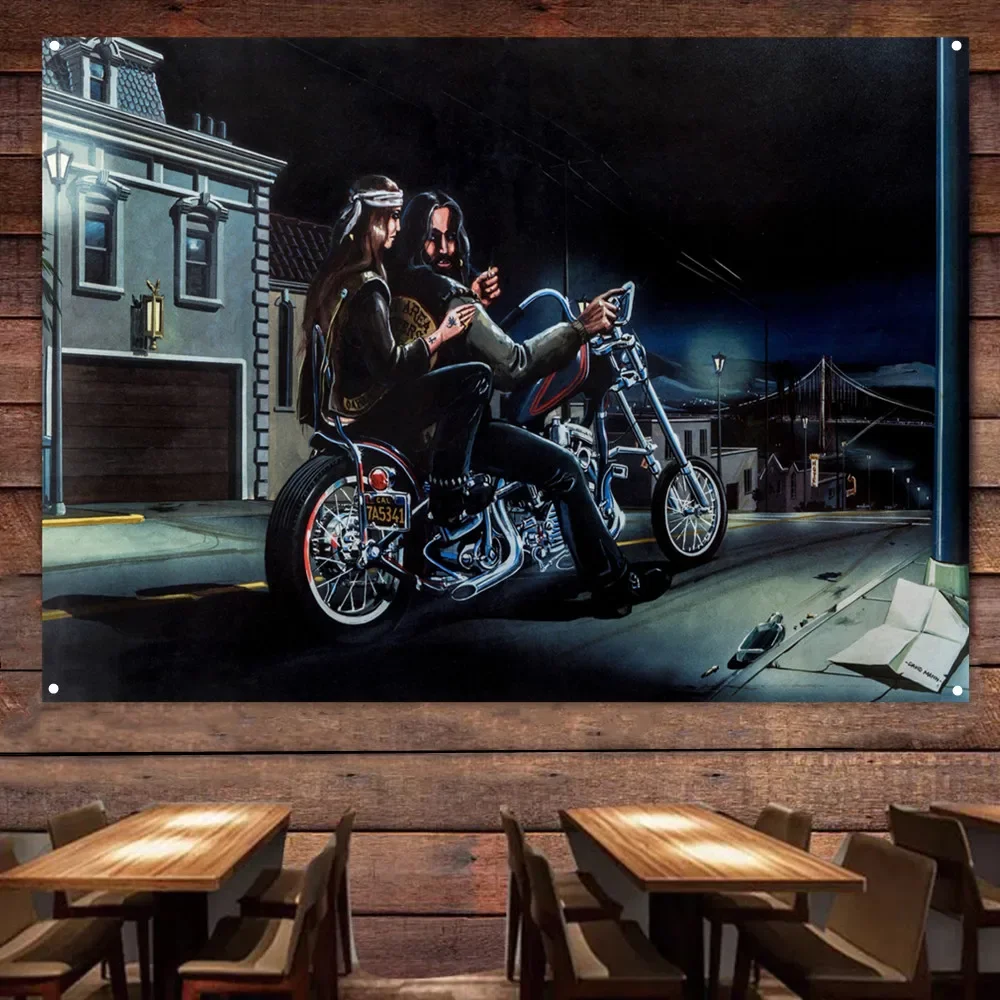 Night Ride Motorcycle Art Tapestry Painting For Garage Gas Station Wall Decor Flag Banner Motor Shop Poster Home Decor Sticker