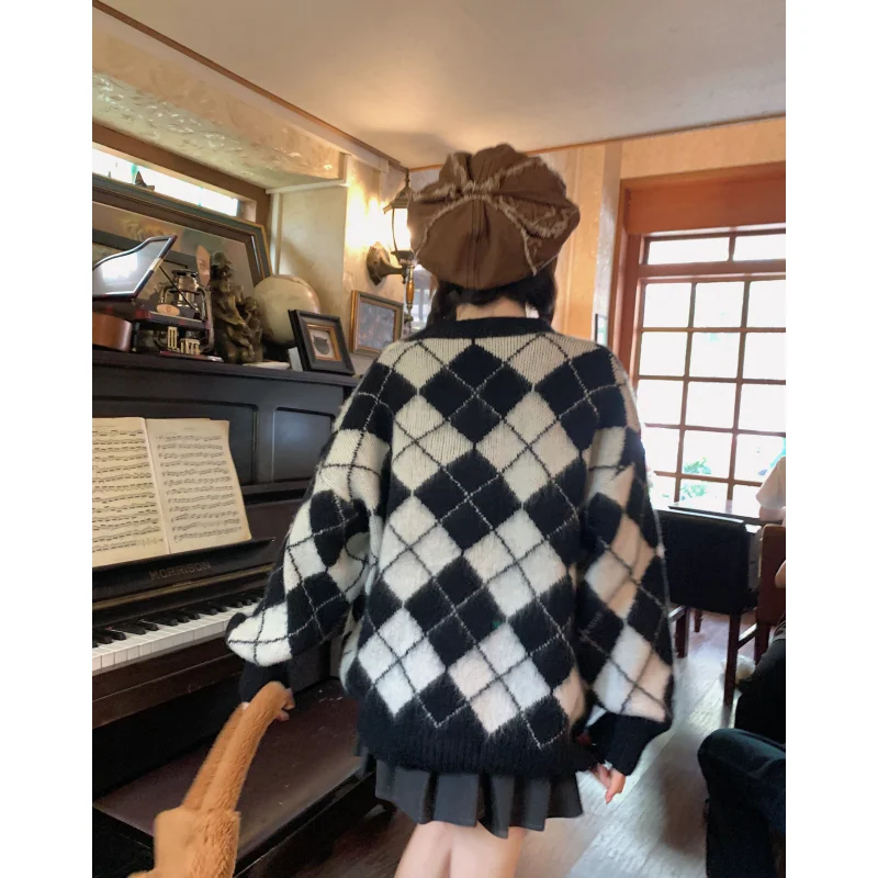 Women Clothing Vintage Knitting Sweater Brown Cardigan V-neck Long Sleeve Lazy Style Fashion Female 2023 NEW Winter Lattice Tops