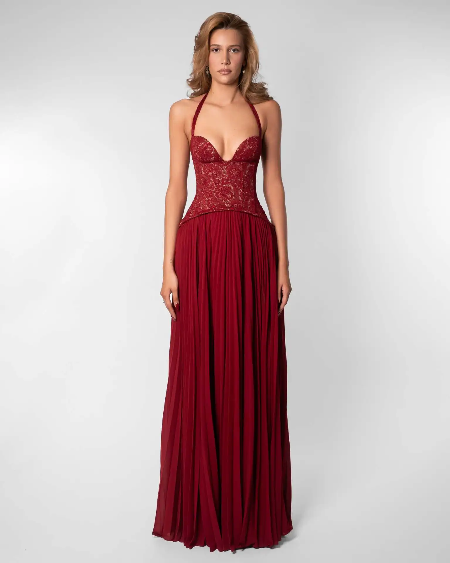 2026 Women Summer Celebrity New Sleeveless Halter Lace Claret Dress Elegant Evening Club Party Dress
