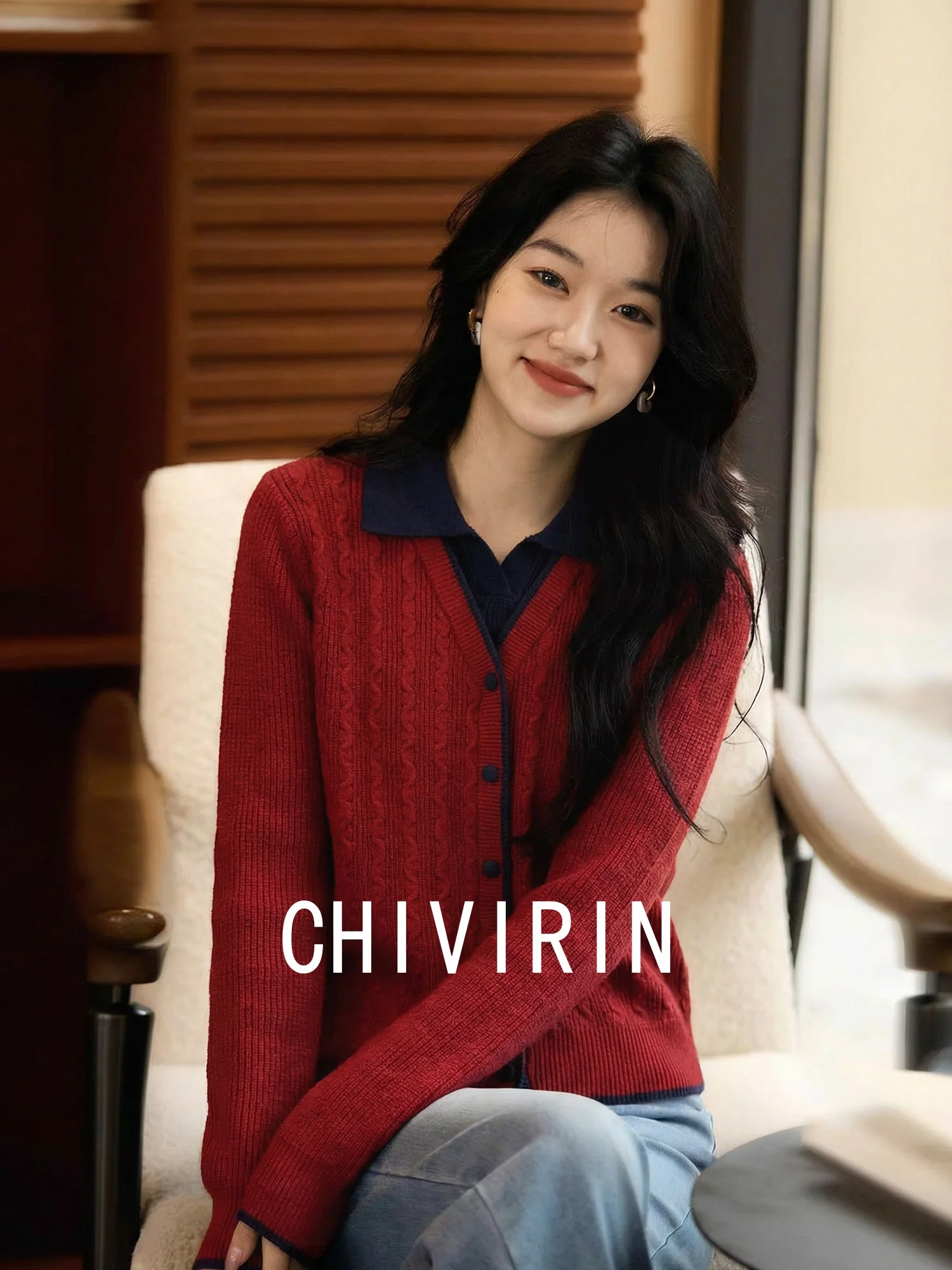 

Chivirin Red Knitted Sweater Coat Women's Long Sve Turn-down Collar Fake Two-Piece Sli Spring Autumn New Year's Outfit