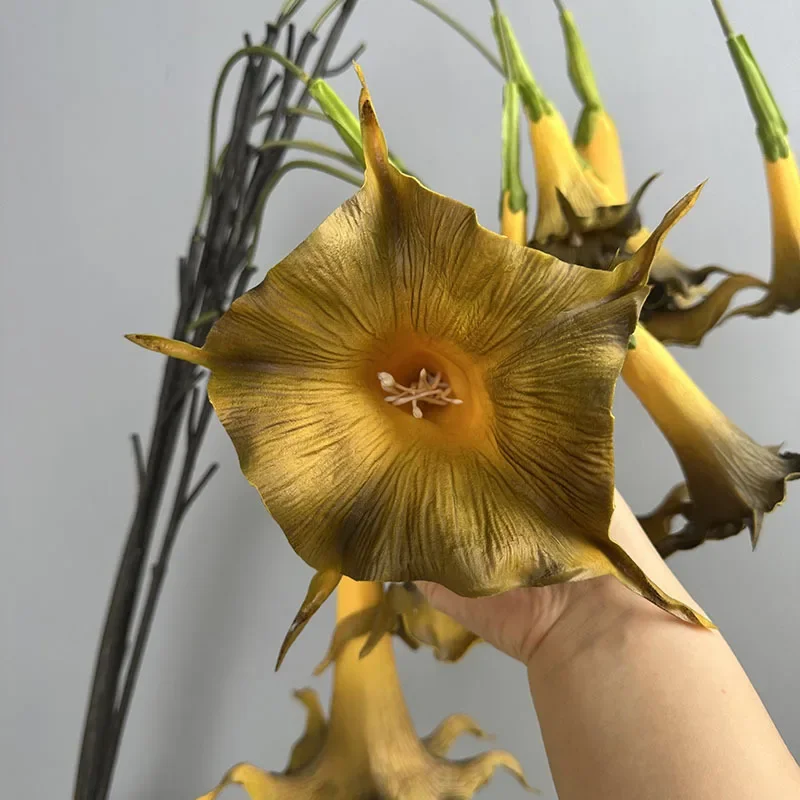 2 Buah Dekorasi Auditorium Bunga Buatan PU Cabang Datura Gantung Simulasi Bunga Buatan Berkualitas Tinggi Daturas Oranye