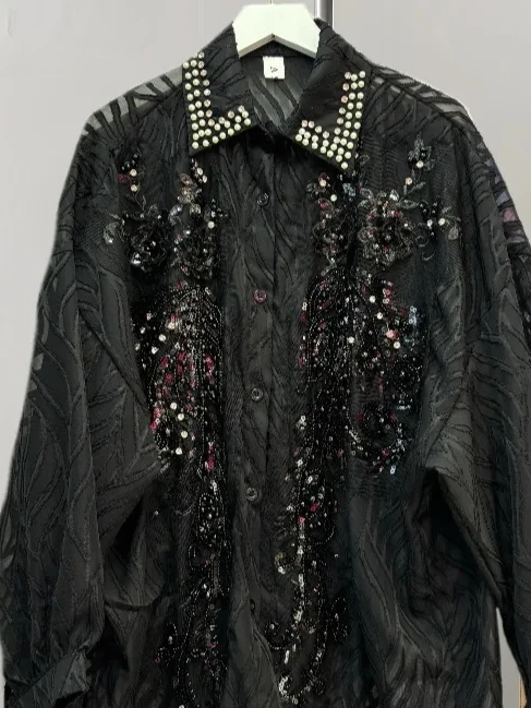 

Корейская универсальная блузка с длинным рукавом, расшитая пайетками и бисером, с отложным воротником, свободного кроя, в стиле французской светской леди