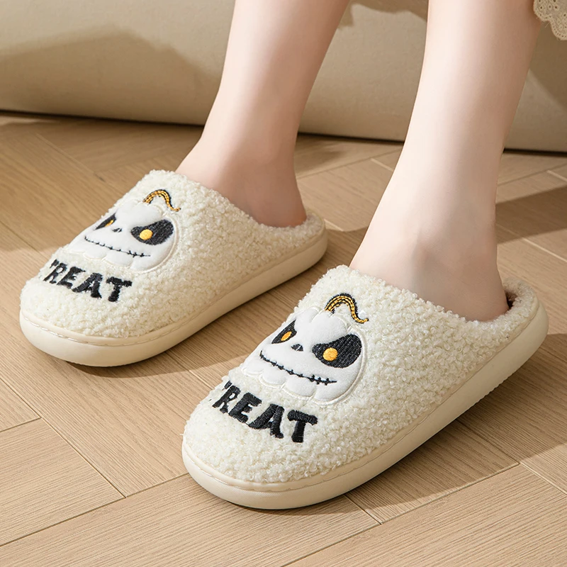 Halloween Pumpkin Embroidered Cotton Slippers Women Winter Comfortable Soft Sole Couple Shoes Woman Non Slip Flat Plush Slides