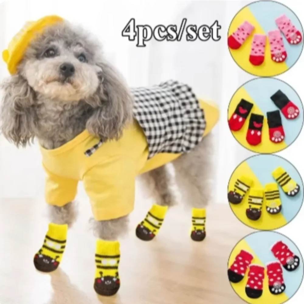 

4pcs Spring Winter Warm Anti Slip Socks Puppy Dog Socks Soft Pet Knits Socks Cute Cartoon Puppy Shoes Small Medium Dogs Product