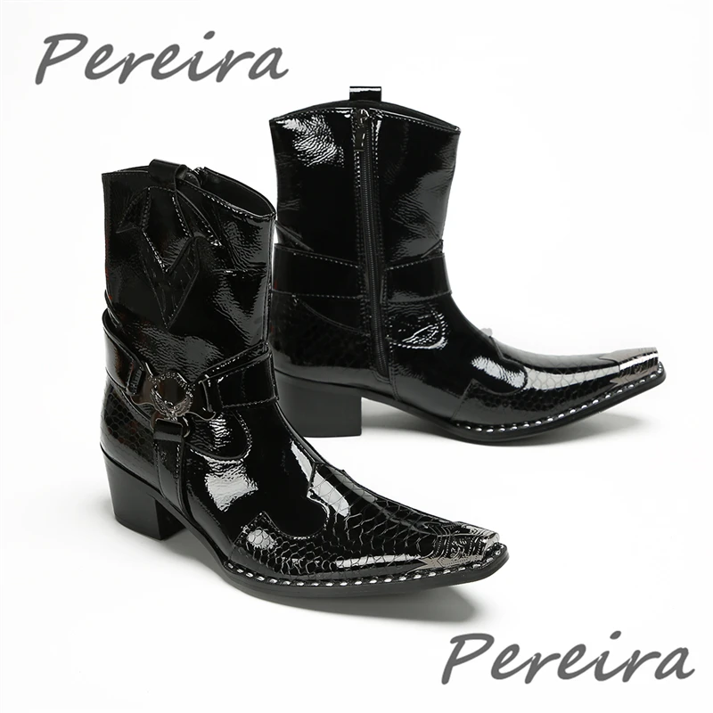 Black Patent Leather Men Chelsea Boots Trendy Cowhide Iron Pointed Toe Metal Buckle Side Zipper Short Boots Business Dress Shoes