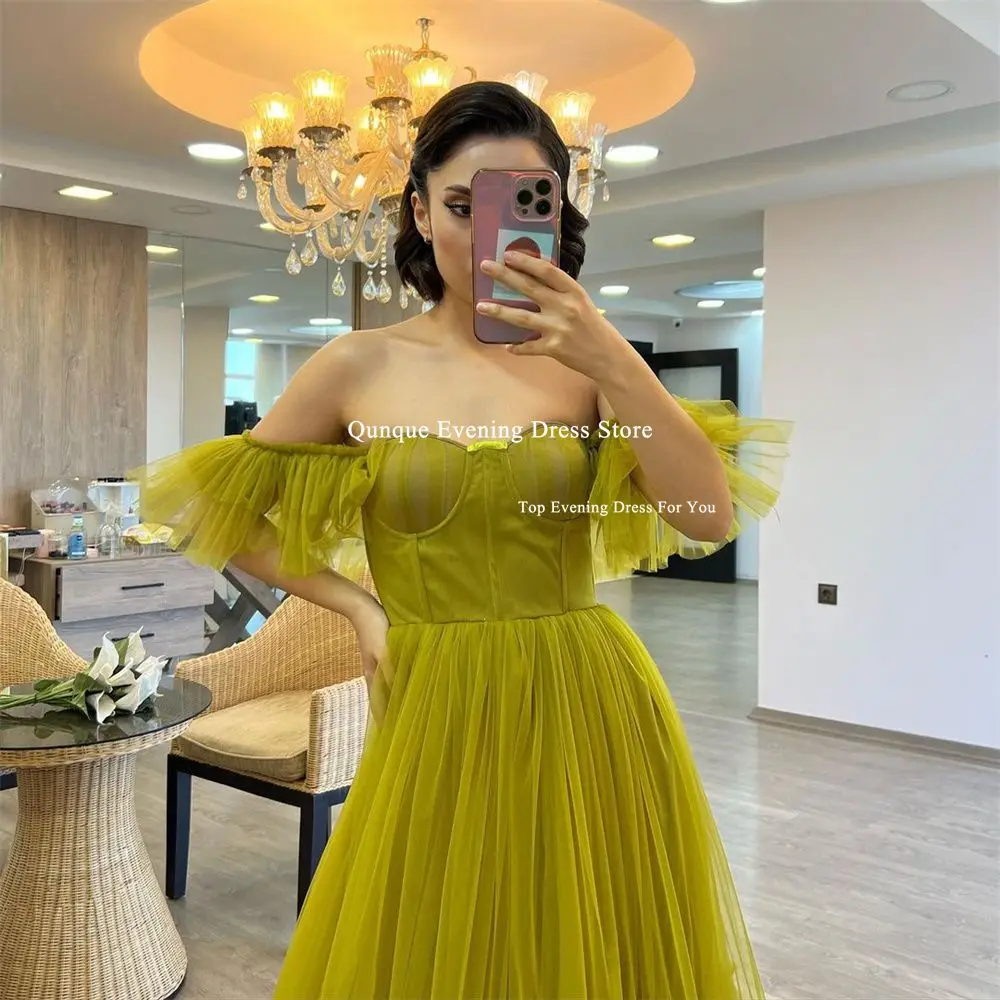 Qunque Luxury Sweetheart Tulle Evening Dress Women Formal Prom Party Gown Customized Short Sleeves Ruched Galadress Vestidos