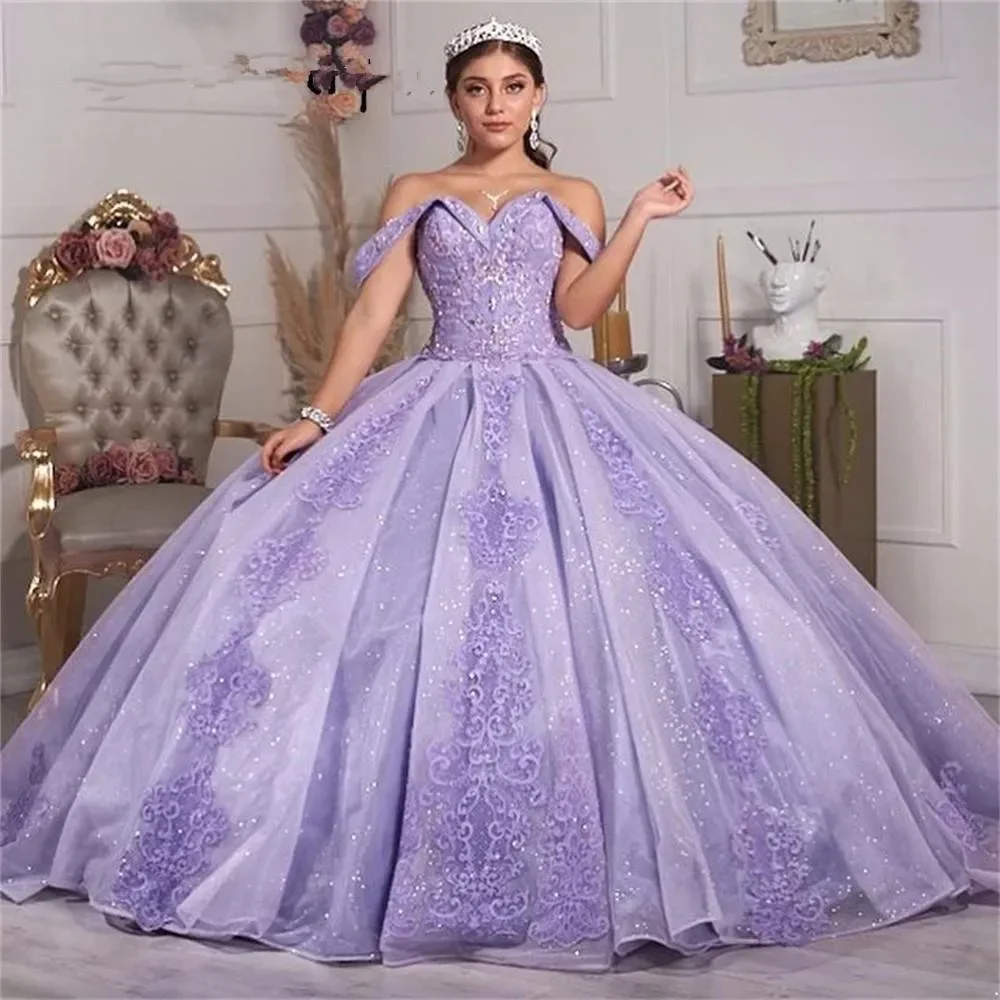 Schillernde elegante hellviolette Prinzessin Ballkleid Quince anera Kleider geschwollen schulter frei Applikationen süß 16 Kleid Abschluss ball Festzug