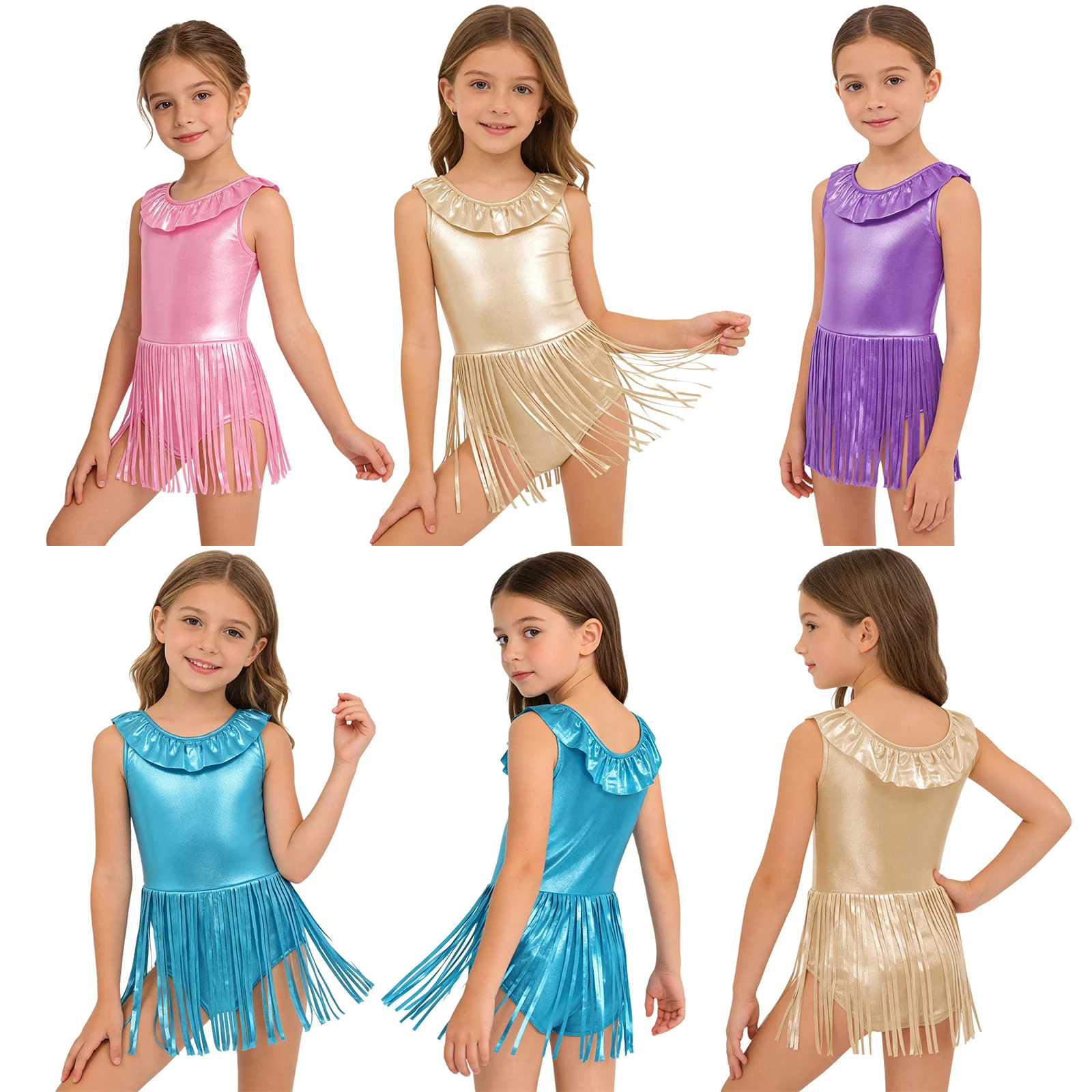 #4-14 Kids Girls One Pieces Metallic Gloss Swimsuit Ruffled Neckline Sleeveless Fringed Bathing Suit for Swimming Beach Holiday