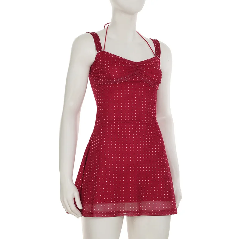 Robe française romantique à pois, imprimé à bretelles, High Street Y2K, Robe de soirée en maille, col en v, col licou, Mini Robe à lacets pour dames, été