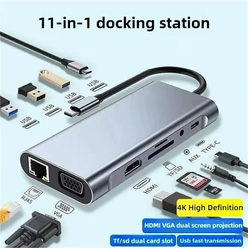 FC&EC USB C HUB USB C Adapter 11 in 1 Dongle with 4K HDMI/VGA/Type C PD/RJ45/ SD/TF Card Reader For MacBook Pro/Air M1 iPad