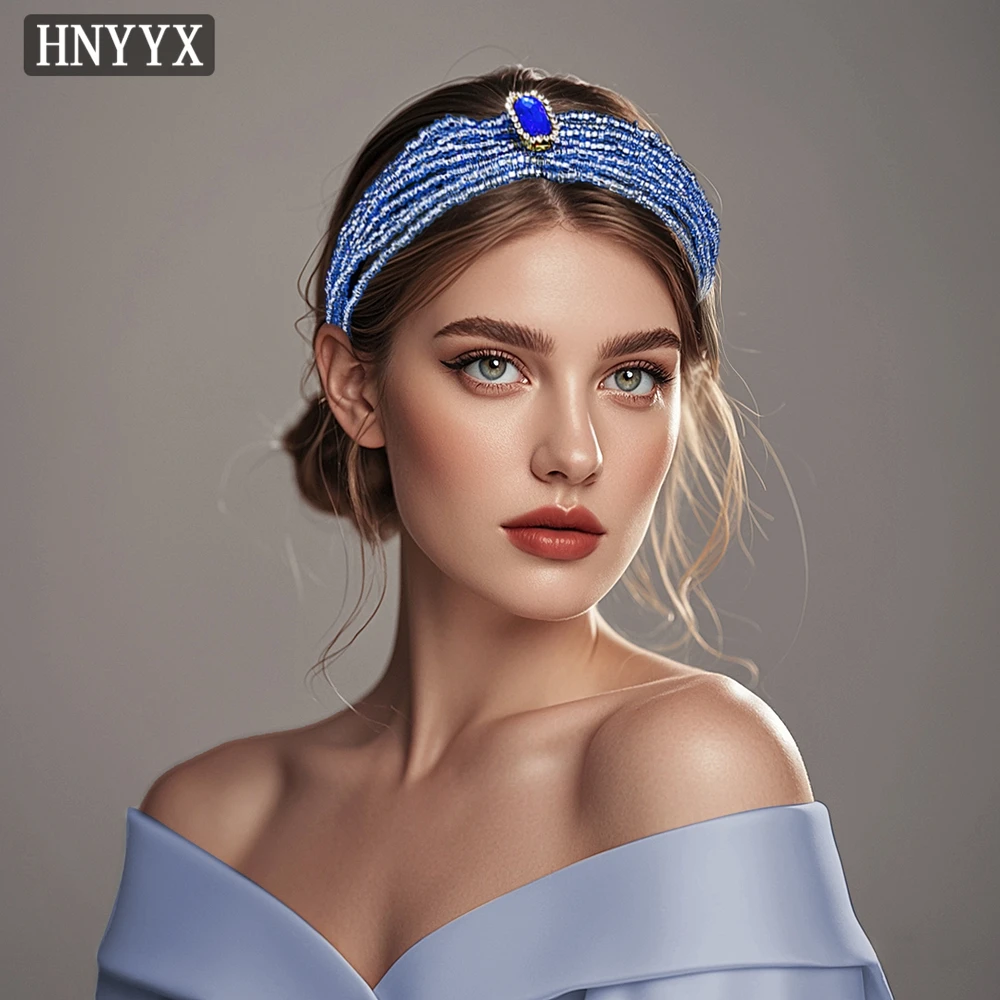 HNYYX Blue Rhinestone Beaded For Women Hair Hoop Baroque Girls Fashion Full Crystal Hair Accessories Wedding Headband A163