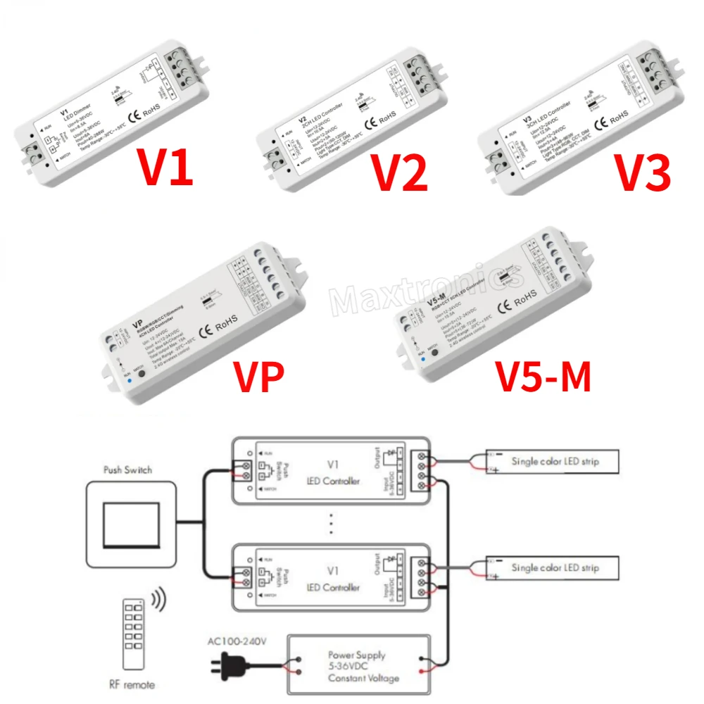 V1 V2 Single Color CCT LED Dimmer V3 VP V5-M RGBW RGB+CCT RGB Controller 12V CV RF 2.4G For 1/2/3/4CH Led Strip Light DC12-24V