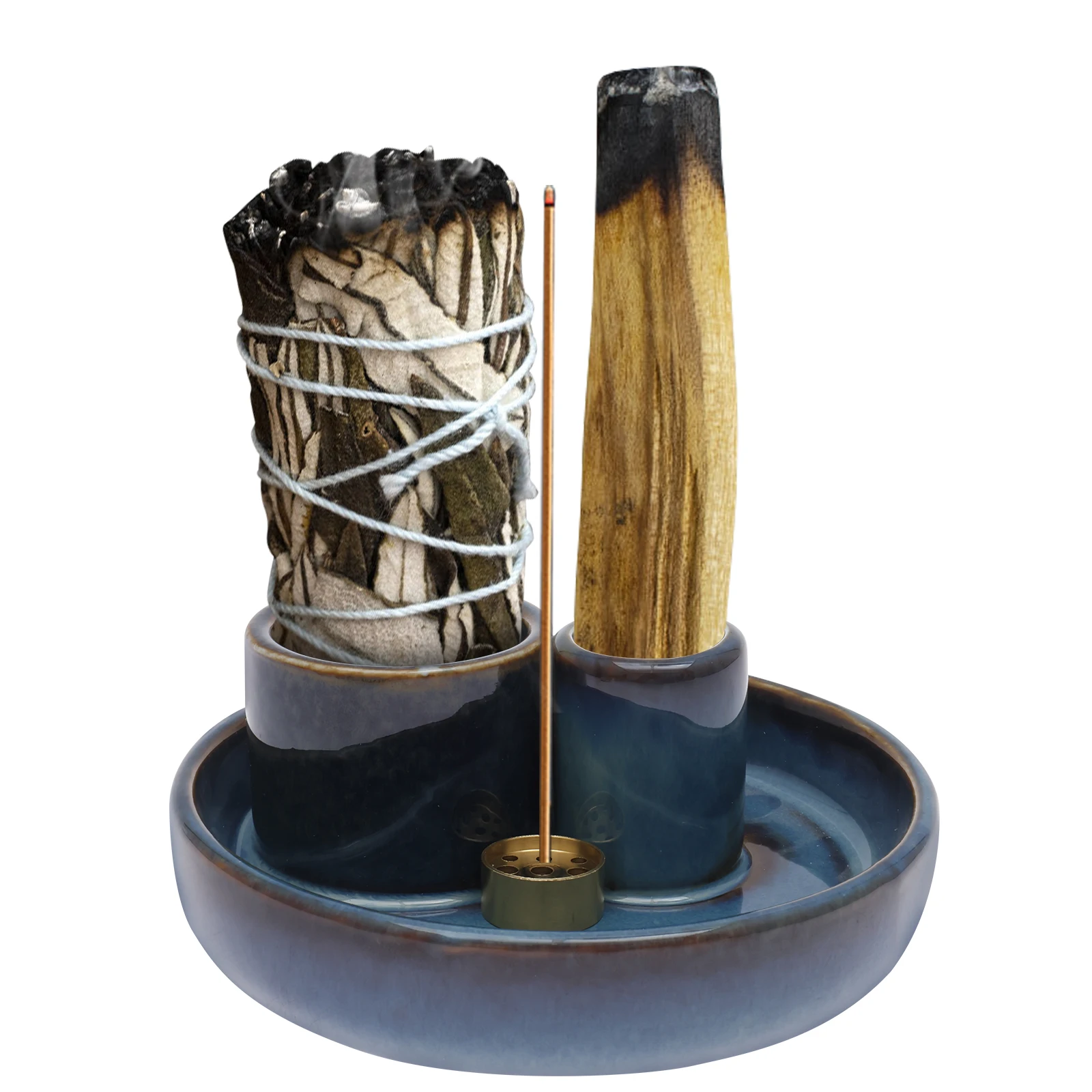 Quemador de incienso 4 en 1, soporte de palos Palo Santo de cerámica, quemador de incienso, soporte de salvia, bandeja receptora de cenizas para Yoga Medit