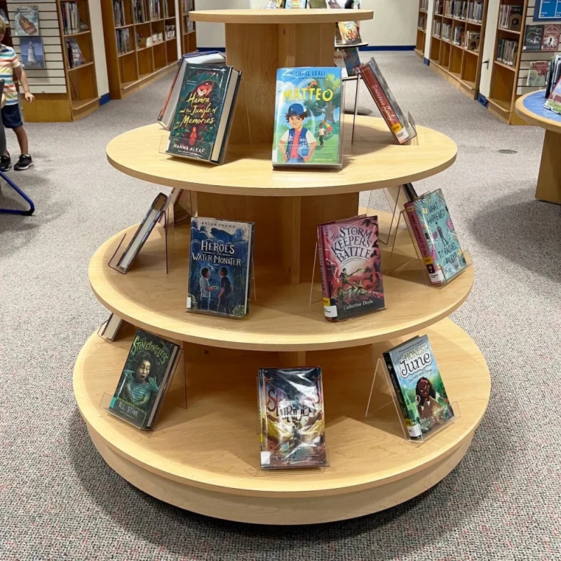 custom.HiKUYA Custom 4 Tier Round Wood Display Table Melamine MDF Display Shelves With Casters