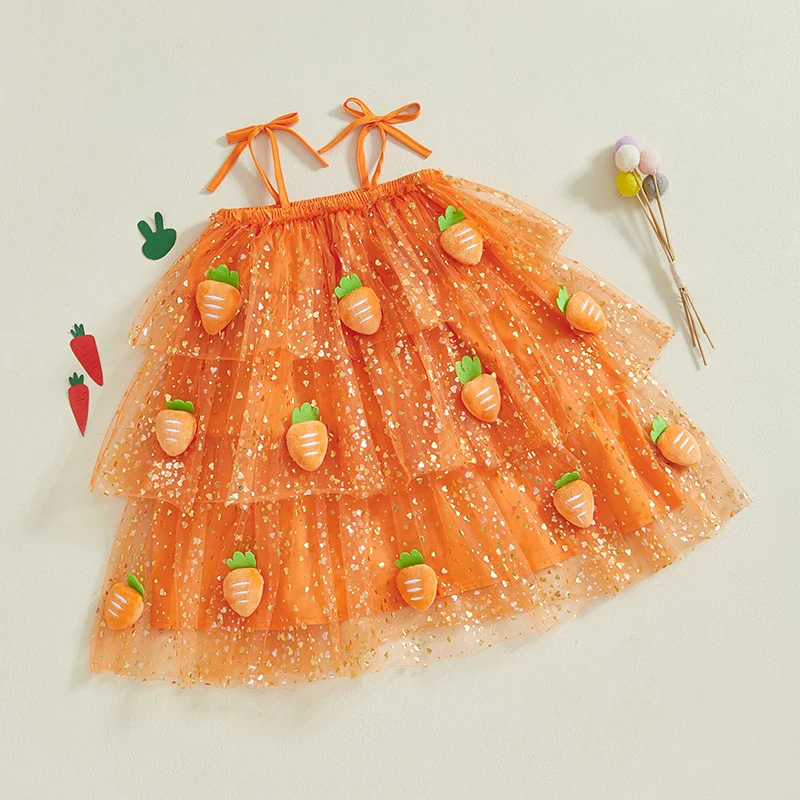 1-6Y Little Girl’s Slip Dress Carrot Decor Sequined Heart Print Sleeveless Tie Strap Summer A-Line Easter Dress Tulle Cake Dress