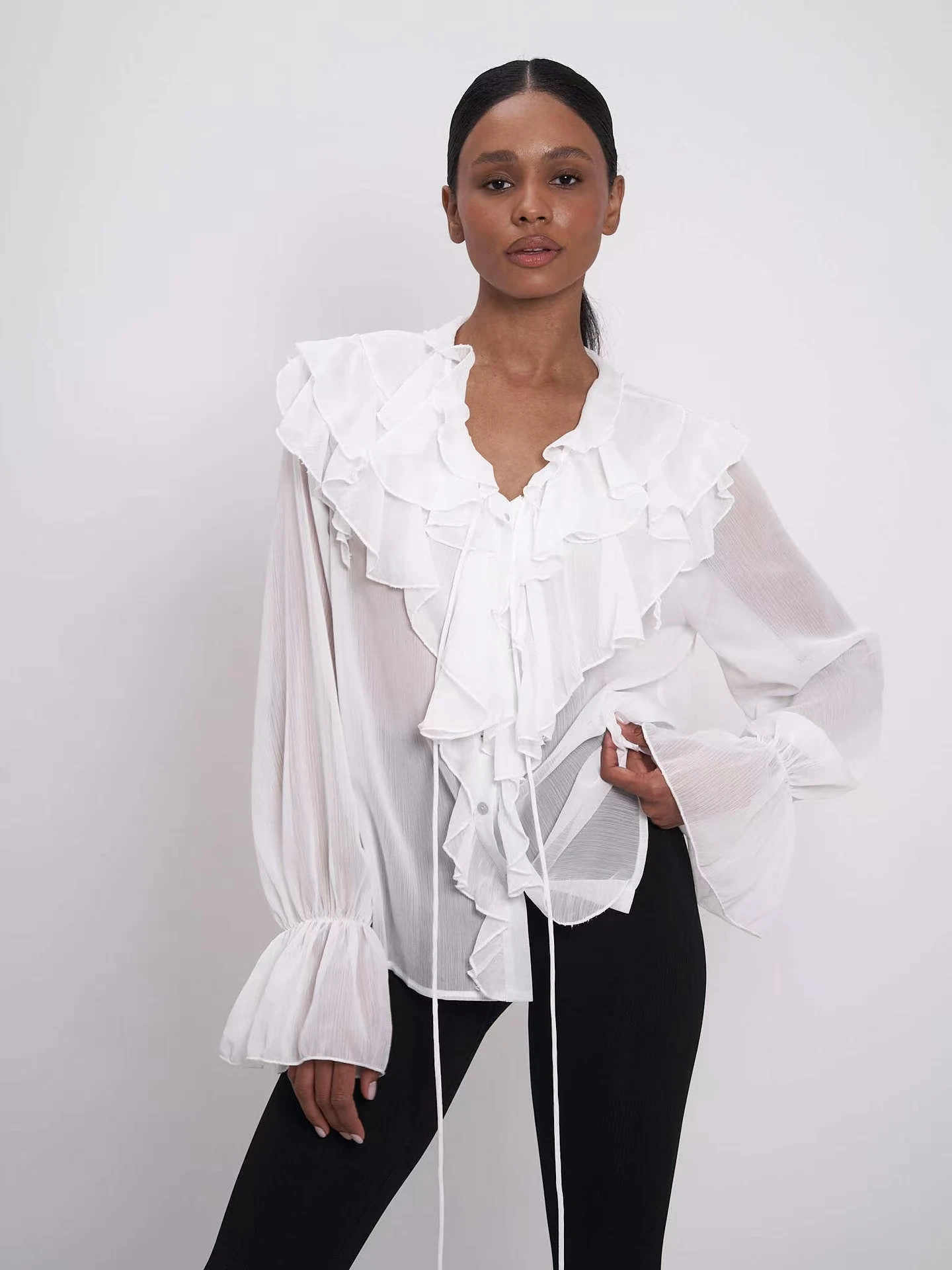 

Прозрачный женский повседневный топ свободного покроя Bubble Sve V-ne Lotus Le irt Long Sve Pure Color на пуговицах