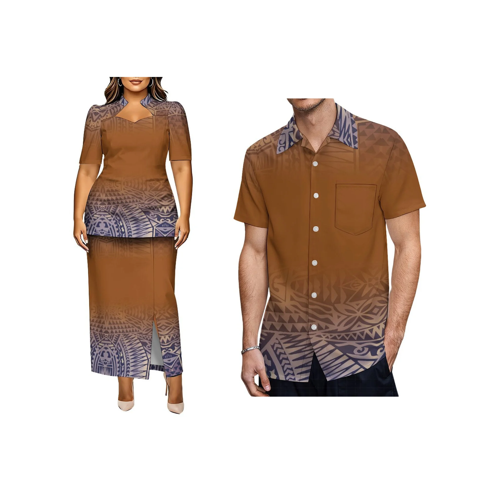 Vestido Puletasi de 2 peças para mulher, tamanho plus size, com estampa tribal floral de plumeria havaiana, blusa de manga curta com decote reentrado 