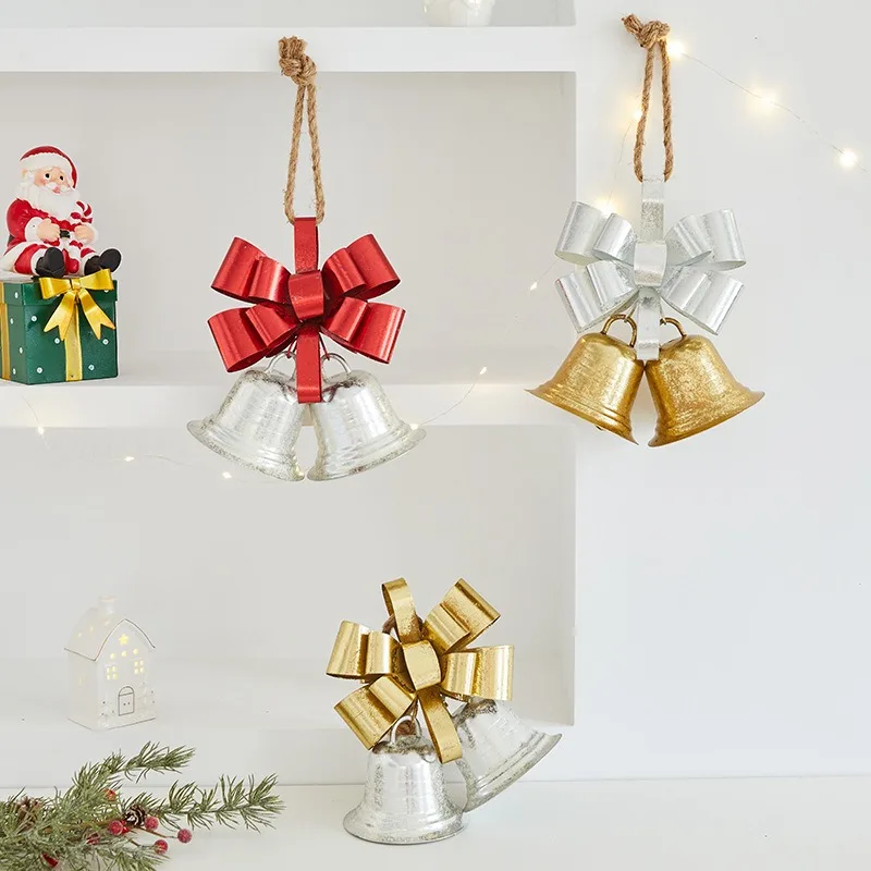 2PCS  Silver Metal Bow Bell Hanging Ornament, Iron Bowknot Bell Pendant for Christmas Window & Hotel Scene Decoration