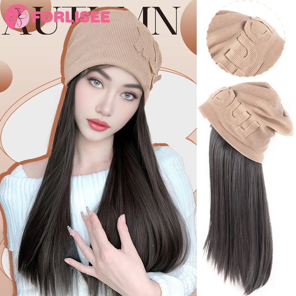 FORLISEE Beanies Hat With Hair Wigs For Women 15 Inch Long Straight Hair Synthetic Wig Warm Soft Knitted Autumn Winter Cap