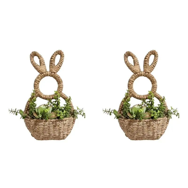

【ЭЛЕКТРОННЫЕ АКСЕССУАРЫ】2X Настенный декоративный карман-корзина в виде кролика, плетеный вручную настенный карман-корзина с пасхальным кроликом, для