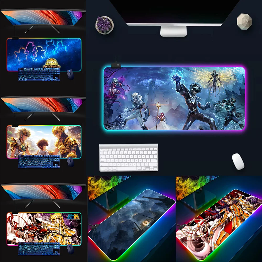 S-Saint Seiya RGB Pc Gamer Keyboard Mouse Pad Mousepad LED Glowing Mouse Mats Rubber Gaming Computer Mausepad