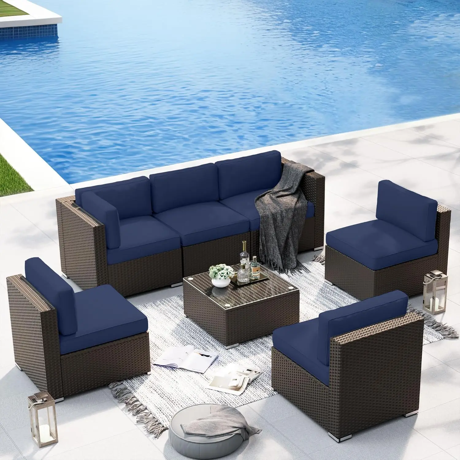 

7-Piece Outdoor Patio Furniture Sofa Set All-Weather Wicker Sectional Cushioned Washable Seat Conversation Set