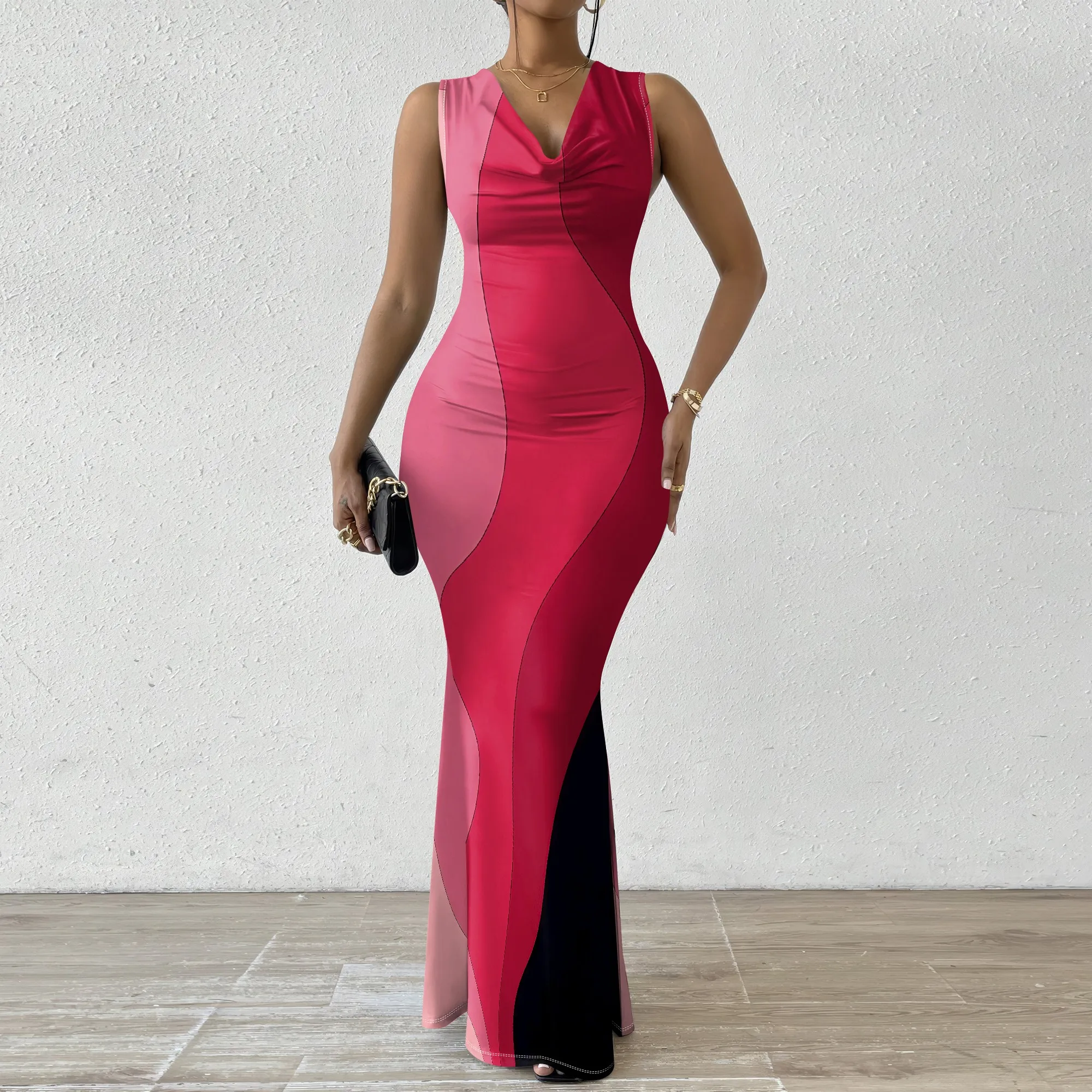 

Colorblock Bodycon Maxi Dress XS-2XL Sleeveless Pink Red Curve Style for Date Night, Clubwear or Valentine’s Day Look