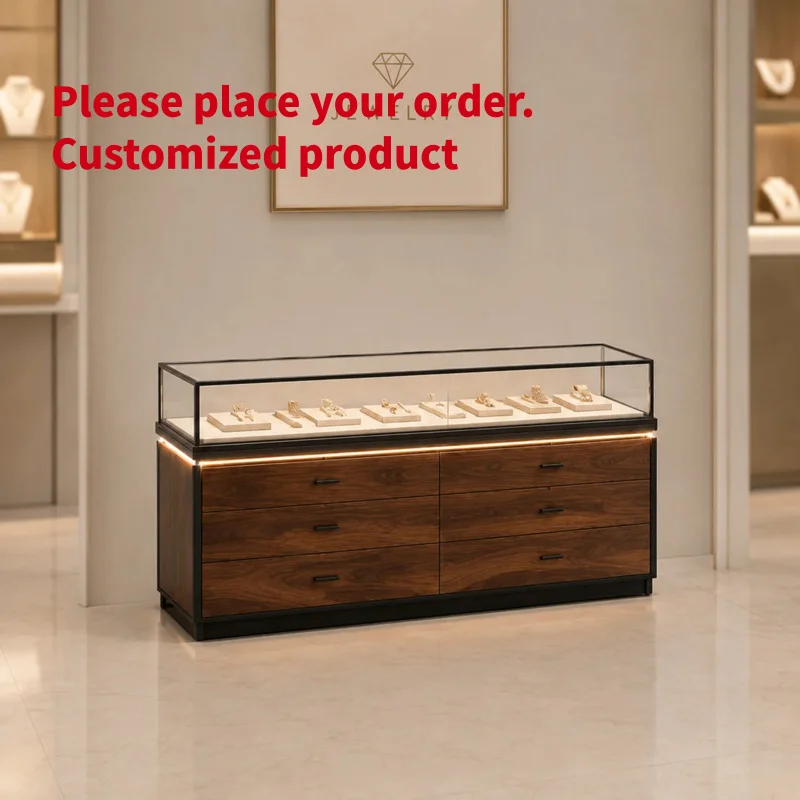 custom.Luxury Dark Walnut Jewelry Display Cabinet with 6 Drawers Storage Black Metal Frame Glass Showcase Retail Boutique Counte
