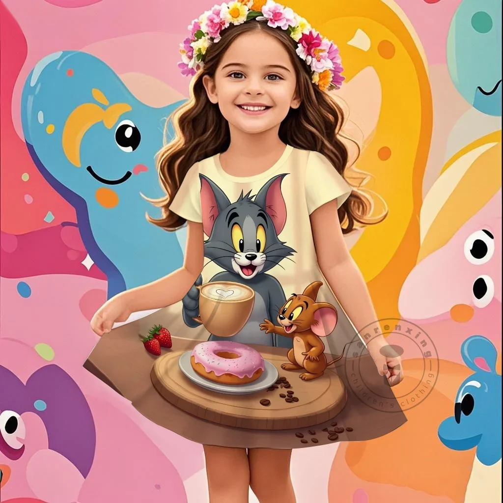 

2025 New Summer Girls Dress Fashion Cartoon Cute Tom And Jerry 3D Printing Dress Kid Short Sleeve Princess Clothing