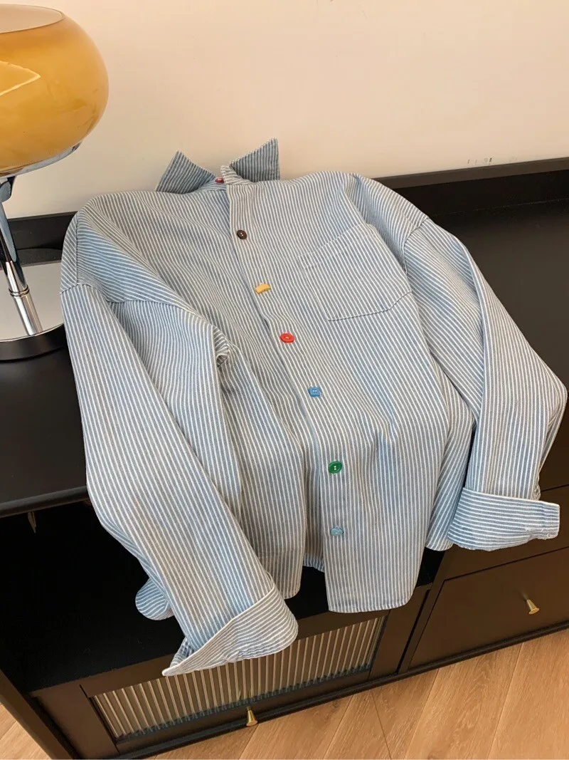

Blue Striped Long Sve Women's irt Spring Loose Fit Retro Color Blo Outerwear Casual Sle Button up Ne Regular ...