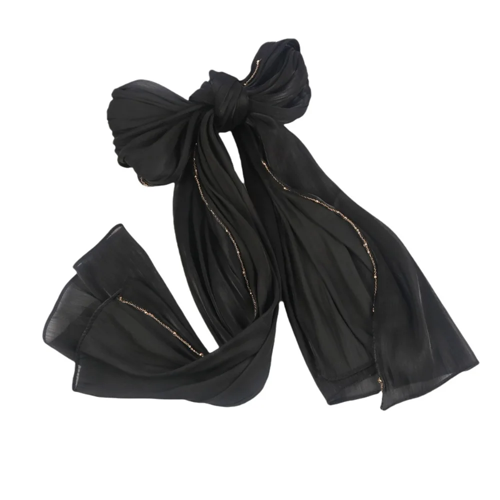 

Luxury Solid Color Ethnic Style Scarf Long Shiny Islamic Turban Beads Chain Thin Wraps Shawl Women