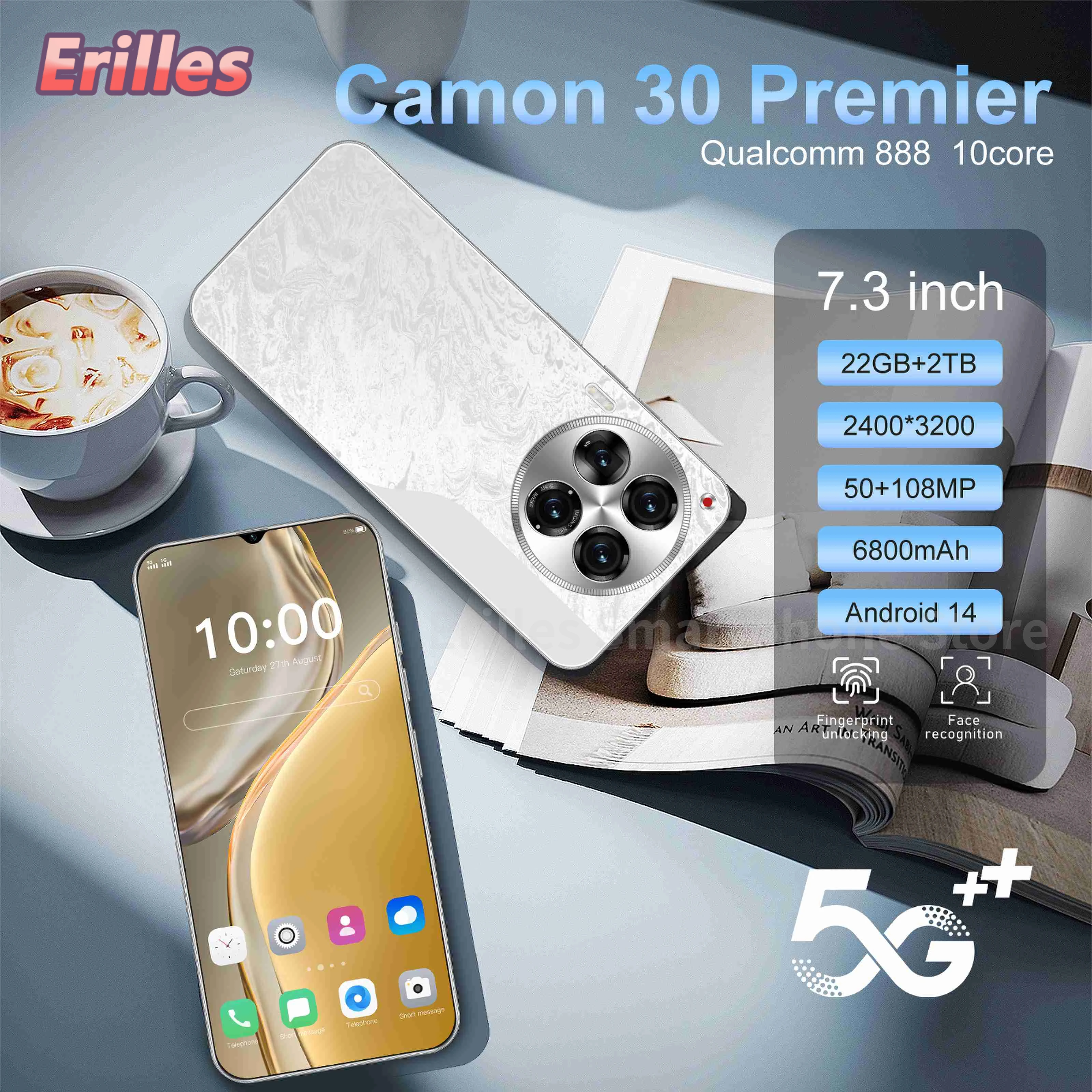 

Смартфон Camon 30 Premier, телефон с диагональю 7,3 дюйма, максимальной памятью высокой четкости 22 ГБ, телефон с двумя SIM-картами, разблокировкой 6800 мАч, Android 14