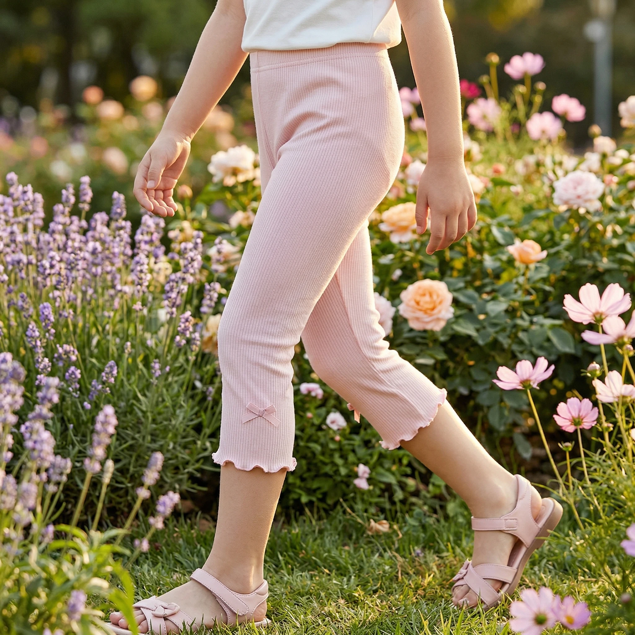 3-10Y Summer Kids Sweet Style Leggings Girls Solid Color Bow Seven Point Pants Waist Elastic Breathable Children Trousers