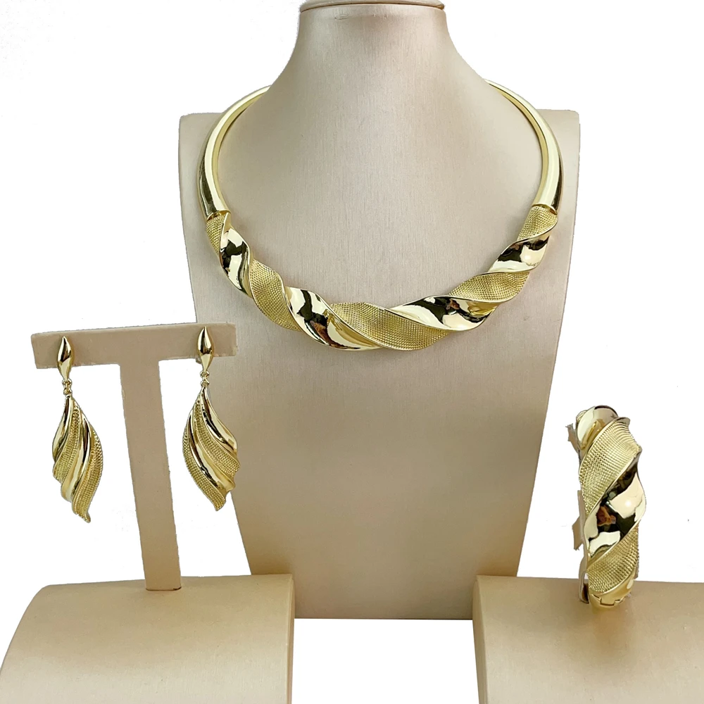 YUMINGLAI Simple Design Two Tones Necklace Earring African Party Ladies Jewelry Set FHK20453