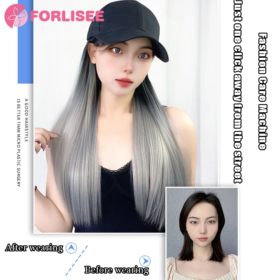 FORLISEE Synthetic Wig Hat Women's Long Straight Hair Gradient Color Fashion and Cool Style Versatile Hanging Ear Dyed Wig Hat