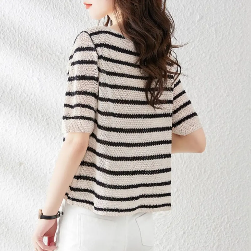 

Women's Striped Short-Sleeved T-shirt Summer Contrast Color Hollow Ice Silk Knitted Loose Slimming Top Simple Design