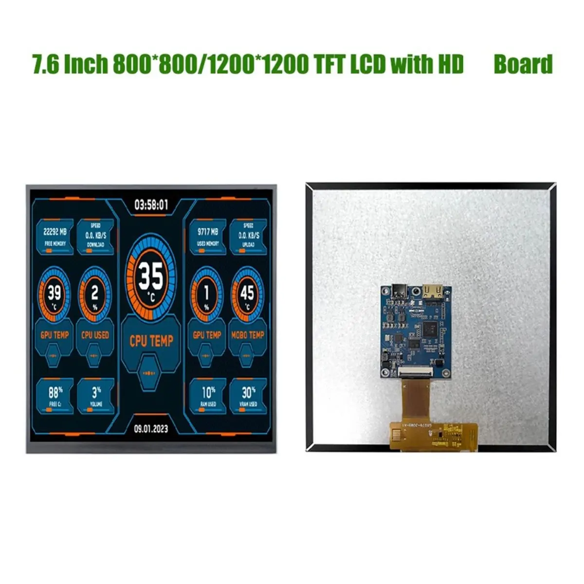 7.6 Inch 800P 800X800 MIPI 1000nits HD-MI Square TFT LCD Display with HD-MI Driver Board