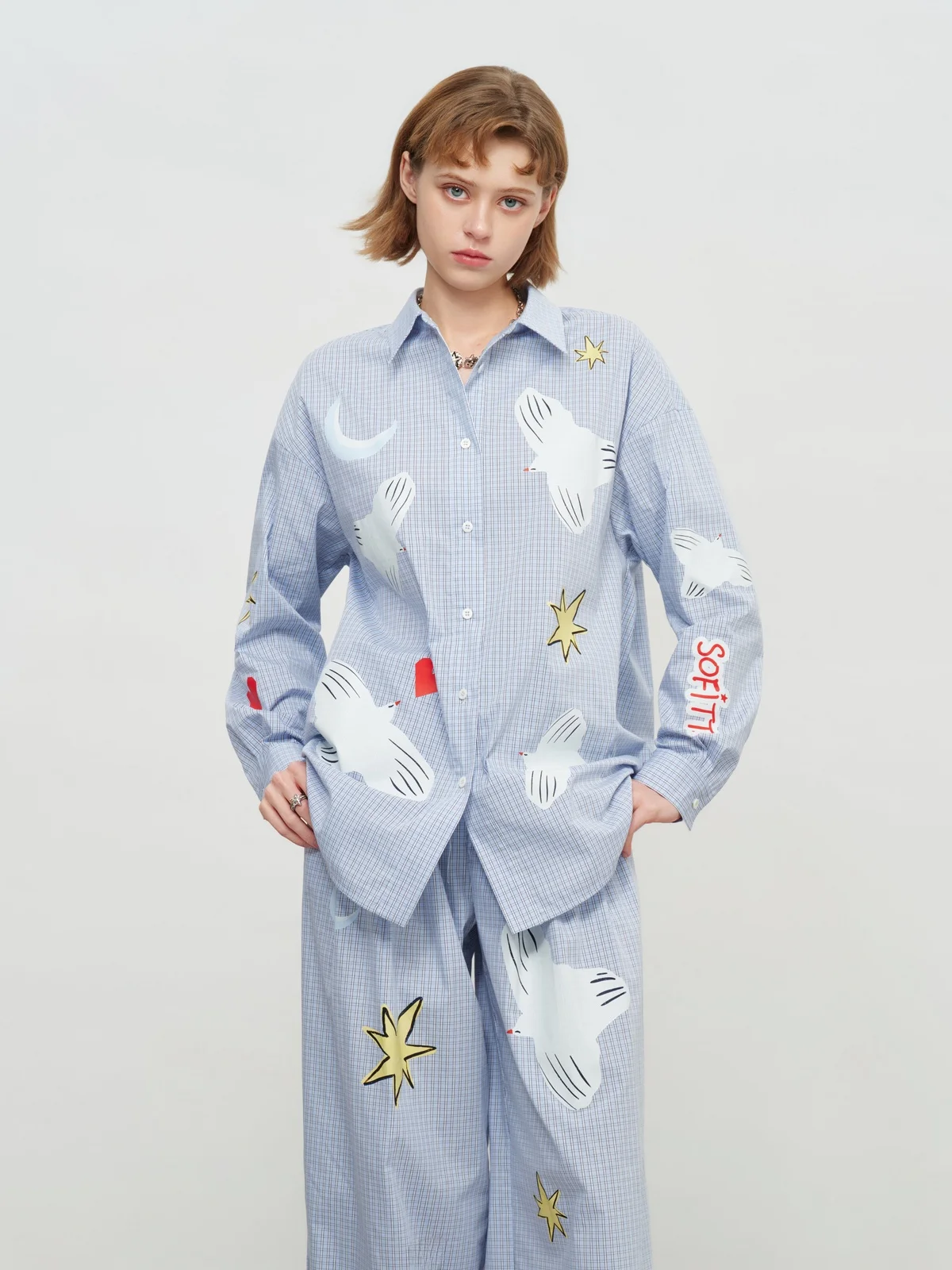 

SOFITTE Синяя рубашка в клетку с забавным принтом, свободного кроя, из смесового хлопка, с длинными рукавами, на пуговицах, для повседневной носки, для пар