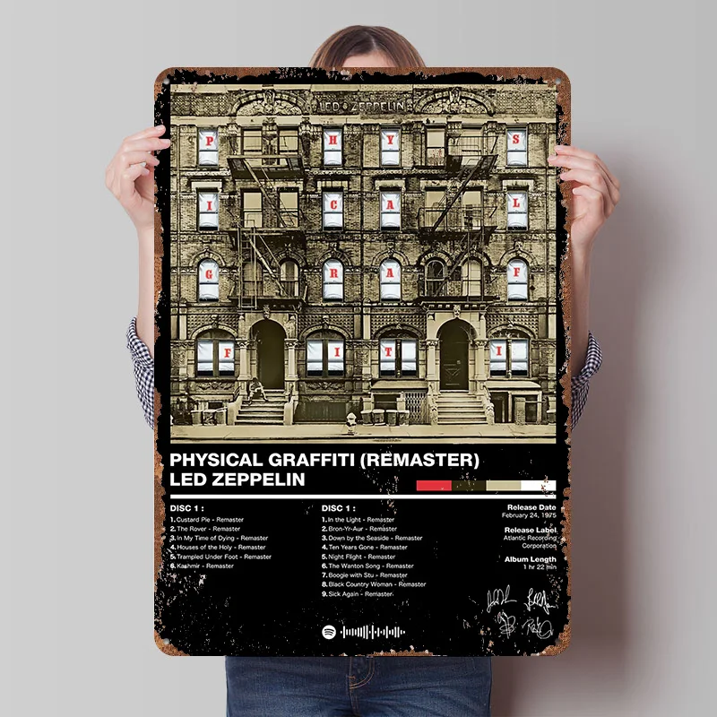 Led Zeppelin - Physical Graffiti Tin Plaque Poster Customized Wall Art Retro Vintage Metal Signs for Room Home Decoration Gaming