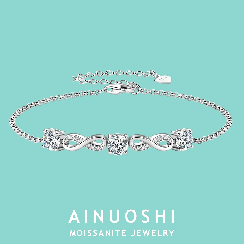 

New ANUOSHI Adjustable Chain Bracelets 5MM Moissanite Infinity Bracelet 925 Real Silver For Women Fashion Hand Jewelry Gift