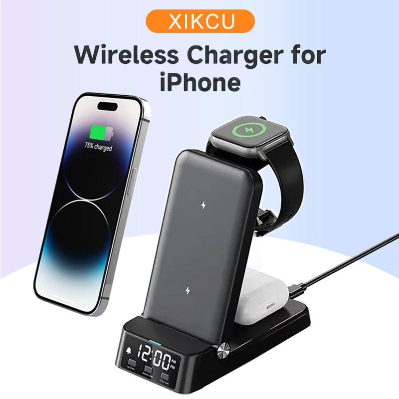 4 в 1, складная подставка для беспроводного зарядного устройства с будильником для iPhone 16 15 Pro Max Apple Watch 2-8 SE AirPods Pro, станция быстрой зарядки
