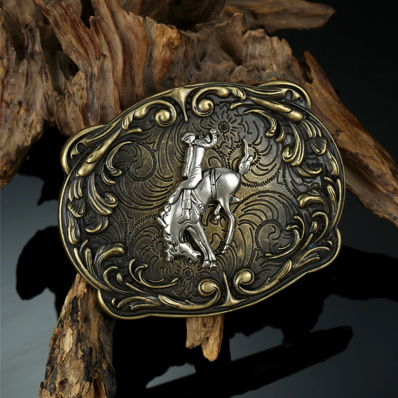 Vintage Western Cowboy Rodeo Bucking Horse Belt Buckle Retro Floral Engraved Antique Bronze Accessory