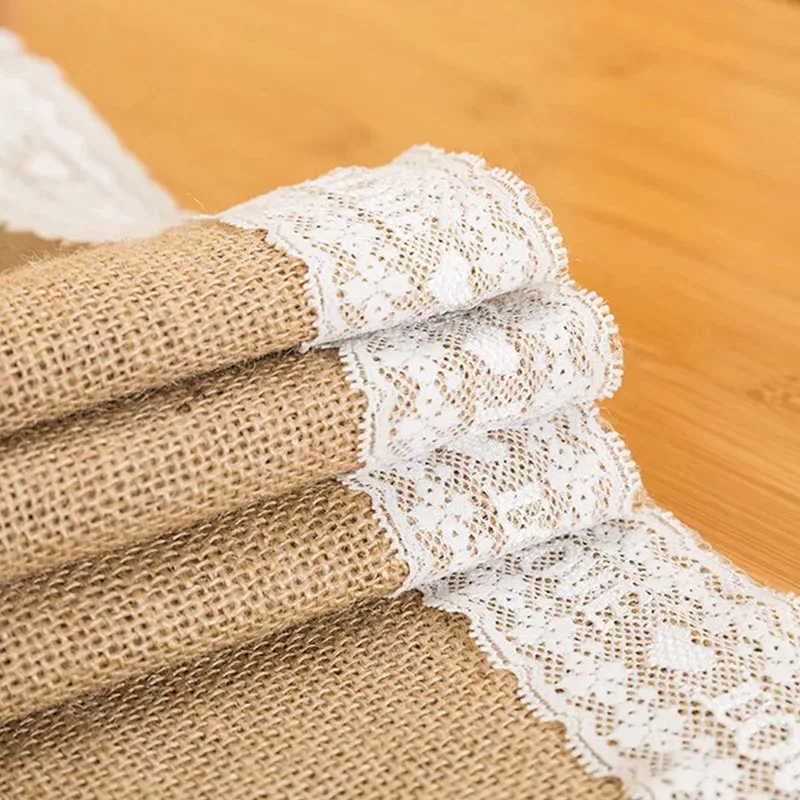 YOZA  Jute Table Runner Vintage Natural Burlap Lace  LOVE Table Cover for Wedding Birthday Party Restaurant Table Cover Mat