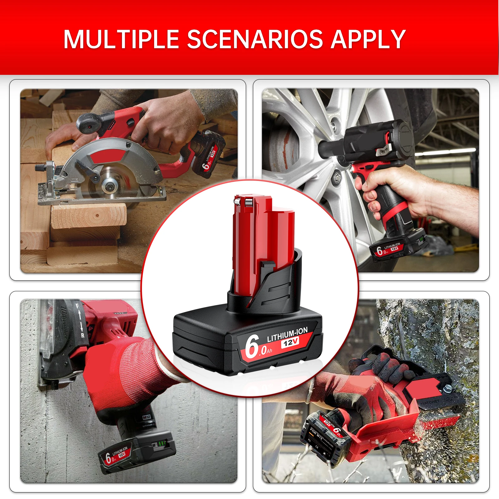 Akumulator 12V 6000mAh M12 z lampą do narzędzi bezprzewodowych Milwaukee M12 XC 48-11-2402 48-11-2411 48-11-2401 MIL-12A-LI — zdjęcie produktu 6