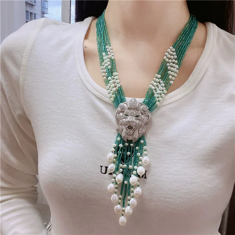 

Jewelry 7 Rows Freshwater Natural Rice Pear Faceted Ruby Green Jades Necklace Handmade For Women