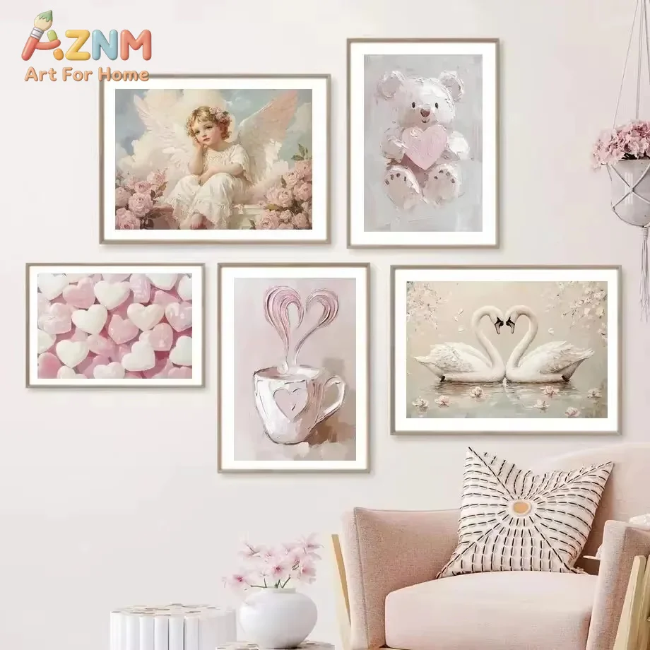 AZNM 1pc Pink Girl Heart Retro Aesthetic Canvas Painting Little Bear Bow Love Butterfly Cupid Poster Home Room Decoration