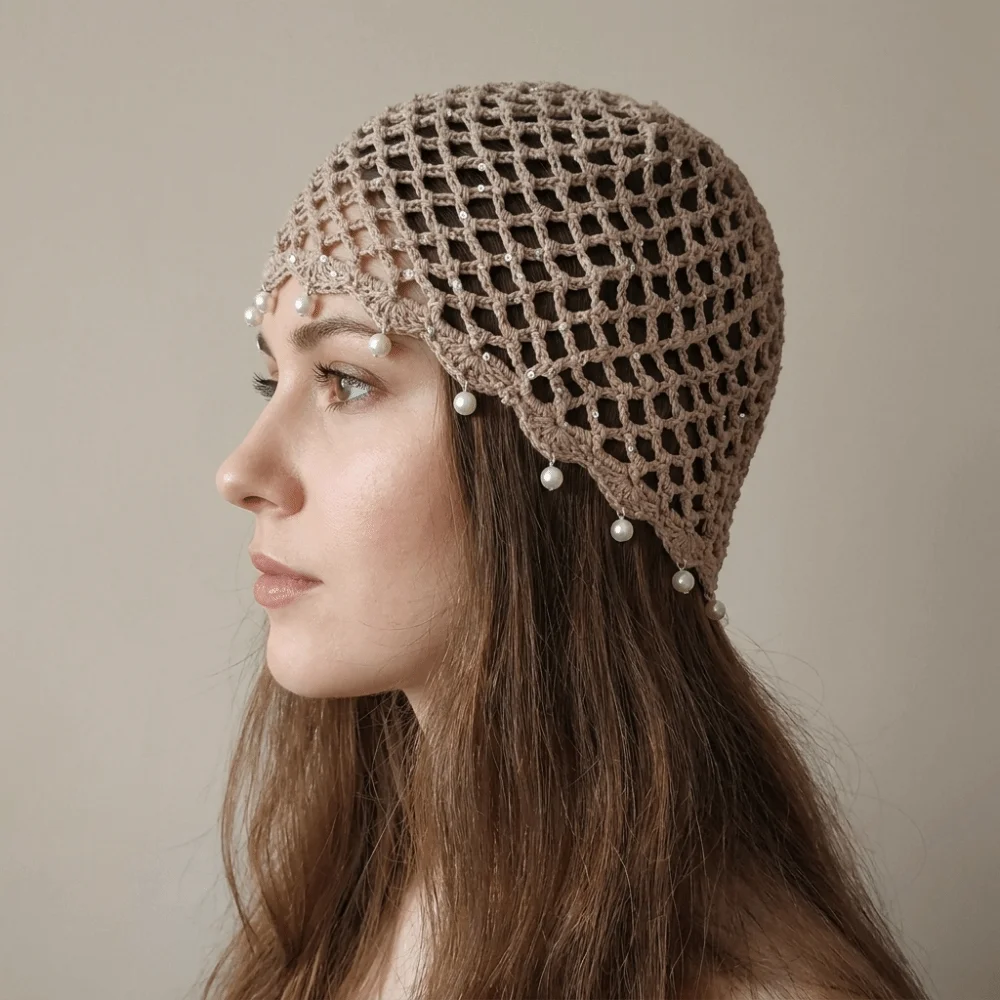 

Sweet Beads Tassels Crochet Hollow Knitted Hat Bohemian Style Thin Knit Beanies Korean Handmade Ethnic Style Hat Outdoor