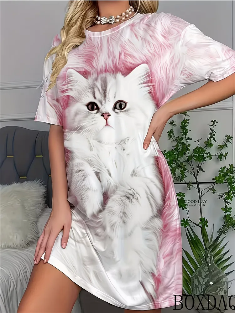 Summer Women's Dresses Casual Short Sleeved Round Neck Cat Pattern Printed Loose Dress