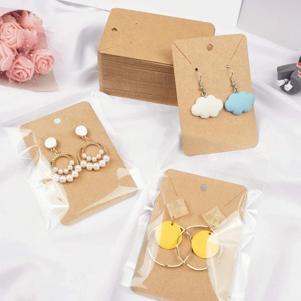 Tarjetas para pendientes, tarjetas para exhibir collares con bolsas, 50 Uds., tarjetas para exhibir pendientes, 50 Uds., bolsas autoselladas, etiquetas de papel Kraft para joyería DIY